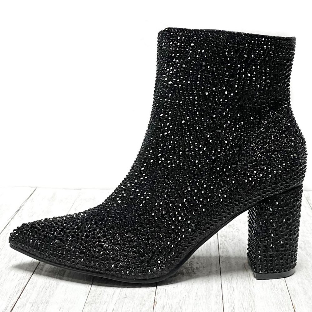 New Women Black Rhinestone Blingy Pointed Toe Ankle Boots Booties